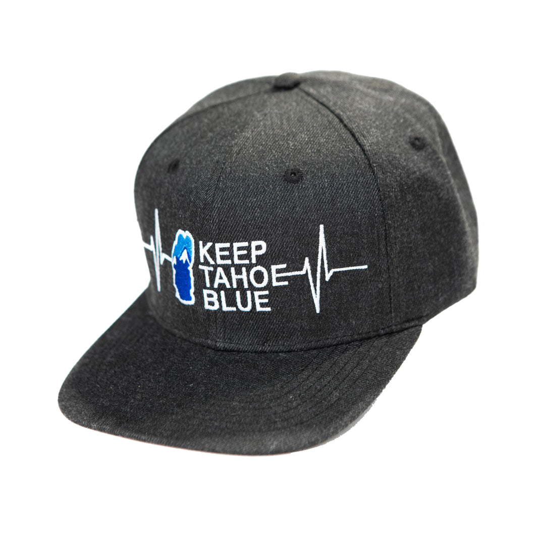 blackish gray snapback panel hat with Tahoe Heartbeat and mountain Keep Tahoe Blue log