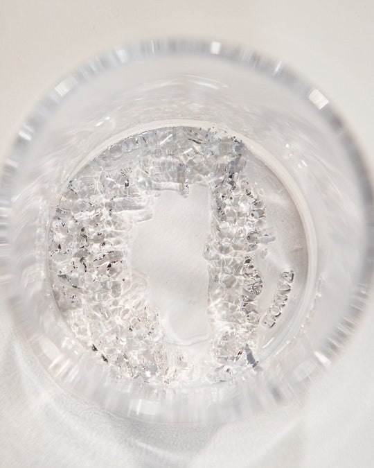 Close up of Lake Tahoe region topographic molding in glassware