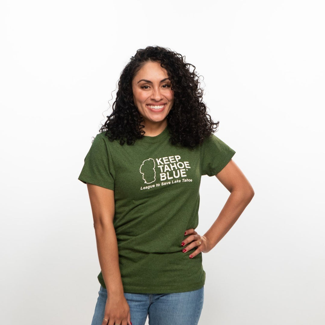 forest green t-shirt with white Keep Tahoe Blue logo in center