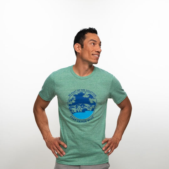 sage colored t-shirt featuring custom graphics for Keep Tahoe Blue