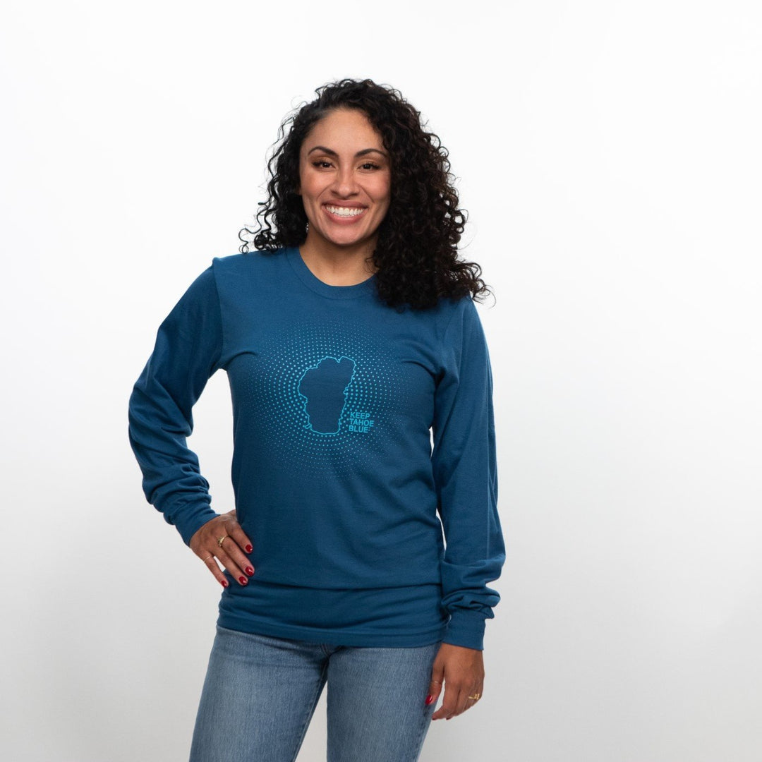 Earth tone blue long sleeve t-shirt with radiating Keep Tahoe Blue logo