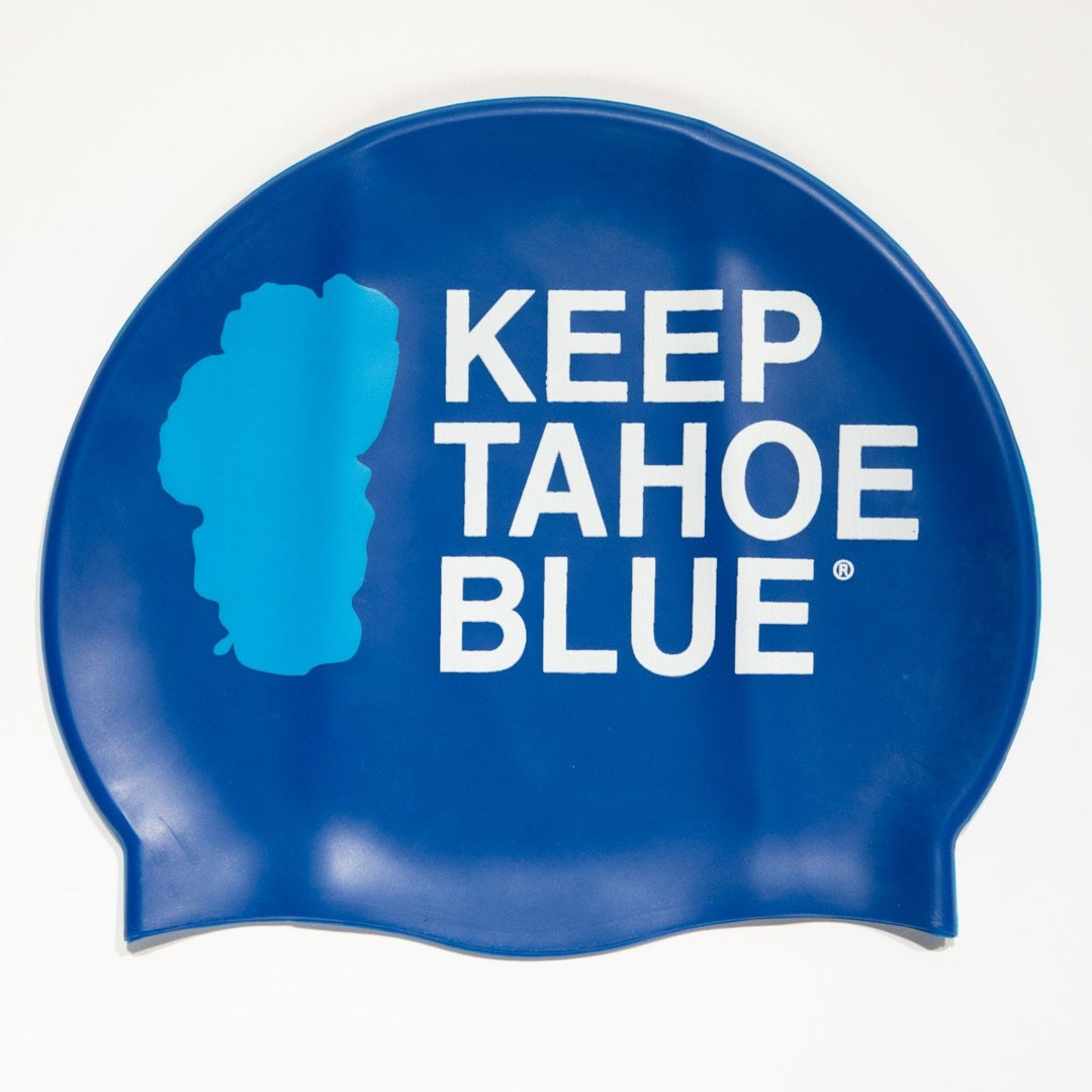 latex free swimmers cap featuring Keep Tahoe Blue logo