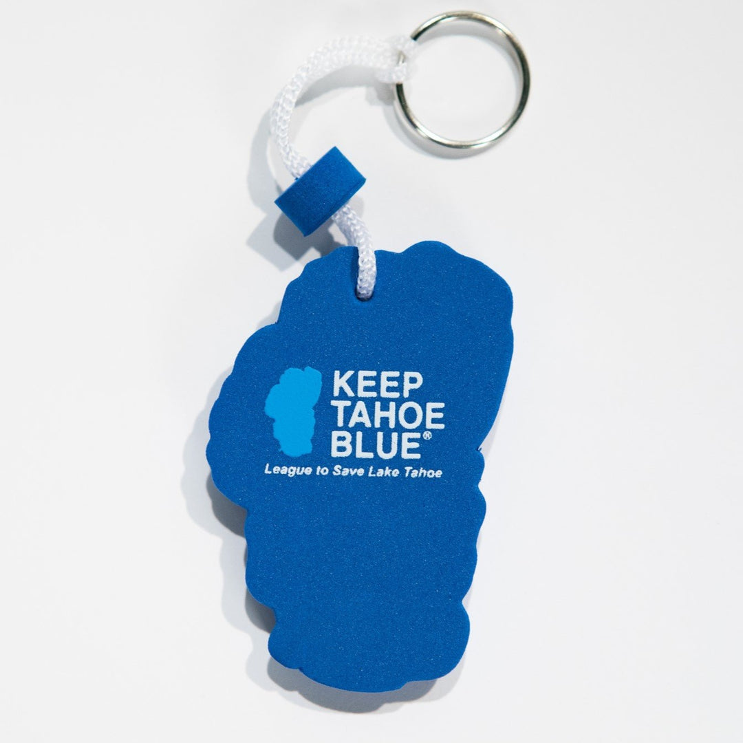 blue and white Lake Tahoe shaped buoyant keyring