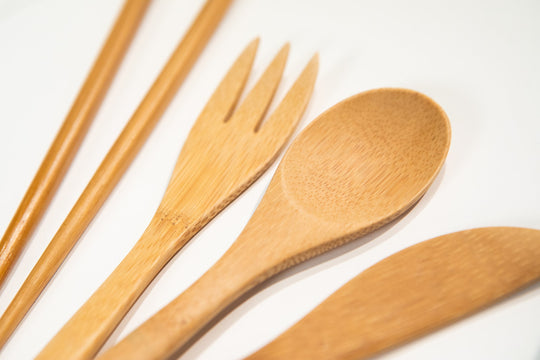 close up of bamboo spoon and fork