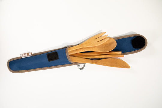 bamboo travel utensils inside recycled carrying pouch