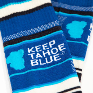 close up Keep Tahoe Blue logo on custom Turbowool sock from Sock Guy