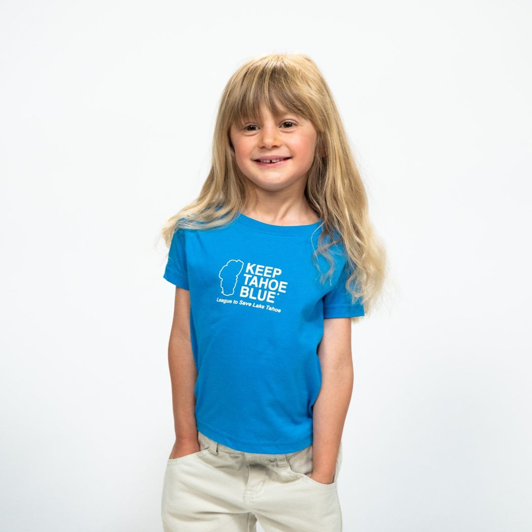 light blue t-shirt for toddlers featuring white Keep Tahoe Blue logo