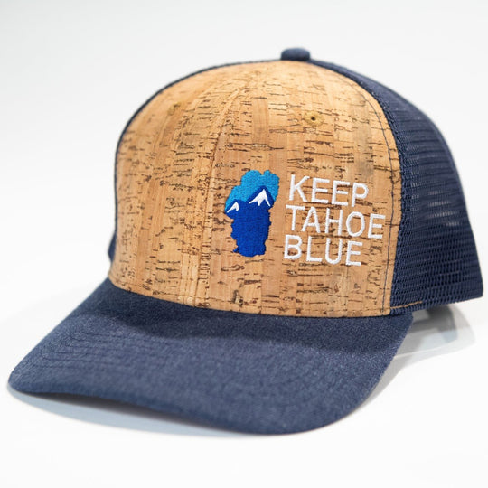 blue hat with cork paneling and embroidered mountain Keep Tahoe Blue logo