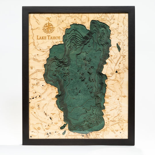 3D layered wood map of Lake Tahoe with laser etched details