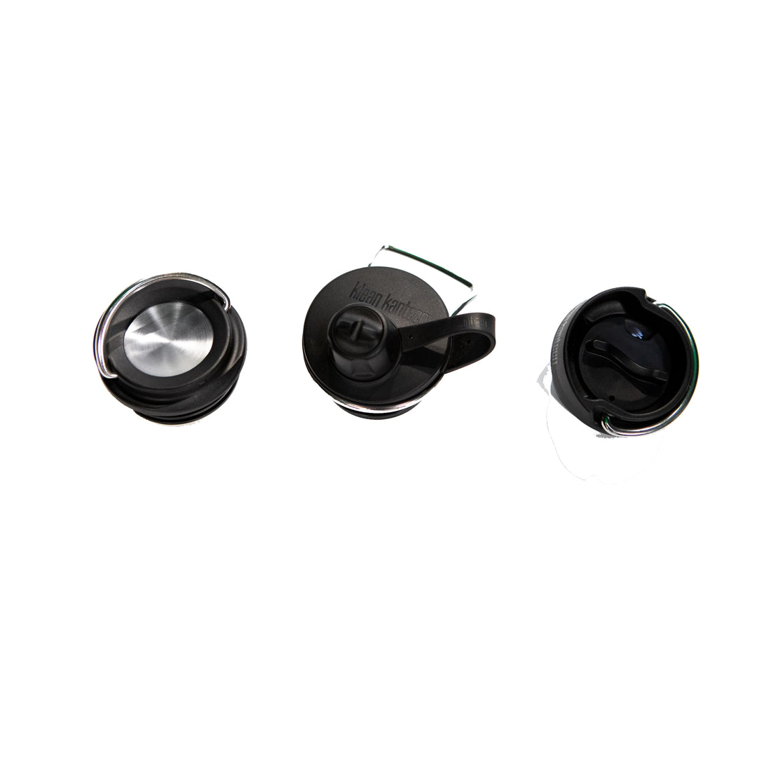 three TK Wide interchangeable lid styles, loop, café, and sport chug cap