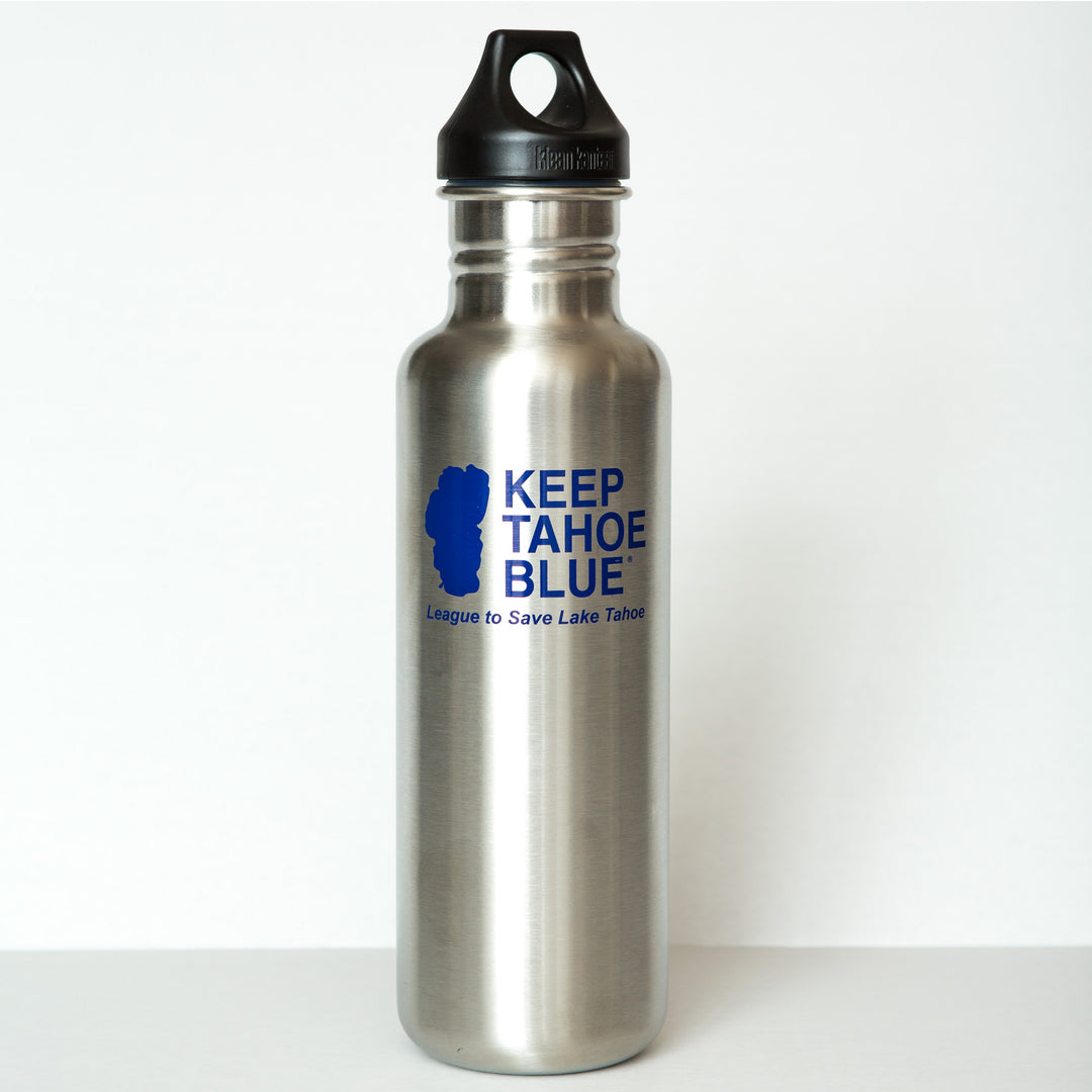 27 ounce stainless steel water bottle with loop style cap and Keep Tahoe Blue logo